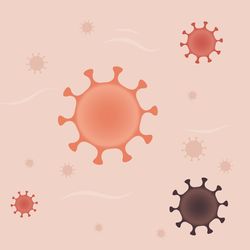 Illustration of a human side profile with virus particles floating around their head.