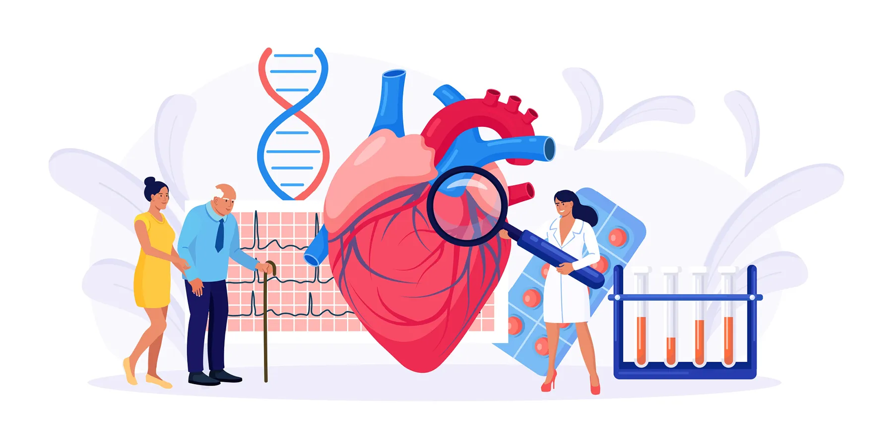 A vector illustrates the concept of heart disease, checkups, treatment, and medication against an ECG and DNA helix in the background.