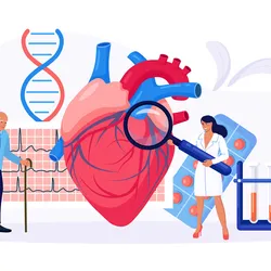 A vector illustrates the concept of heart disease, checkups, treatment, and medication against an ECG and DNA helix in the background.