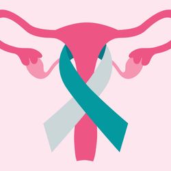 Vector graphic of female reproductive organ wrapped in a cancer awareness ribbon