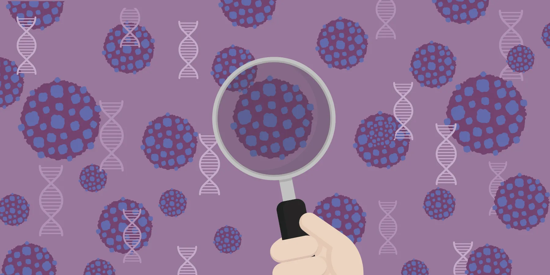 easing-a-burdened-healthcare-system-with-improved-cancer-diagnostics A vector illustration of a hand holding a magnifying lens over a cancer cell with a pattern of cancer cells and DNA double helices in the background.