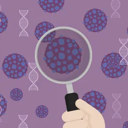 A vector illustration of a hand holding a magnifying lens over a cancer cell with a pattern of cancer cells and DNA double helices in the background.