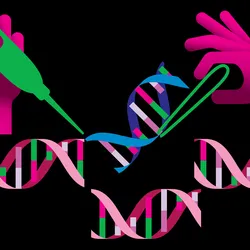 A vector illustration of a pair of hands cutting and gluing back DNA segments.