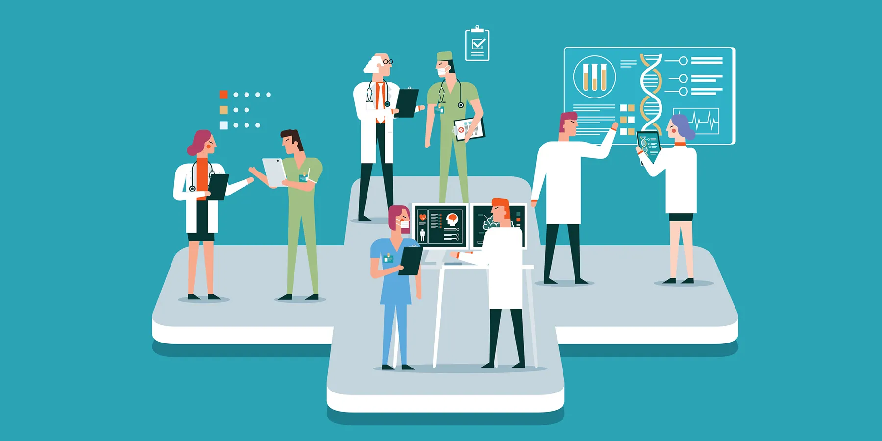 importance-of-a-customizable-integrated-ecosystem-in-clinical-trials Vector illustration of a medical research ecosystem with clinicians and technicians analyzing reports.