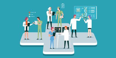Vector illustration of a medical research ecosystem with clinicians and technicians analyzing reports.