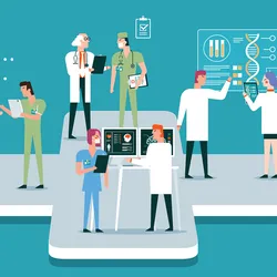 Vector illustration of a medical research ecosystem with clinicians and technicians analyzing reports.
