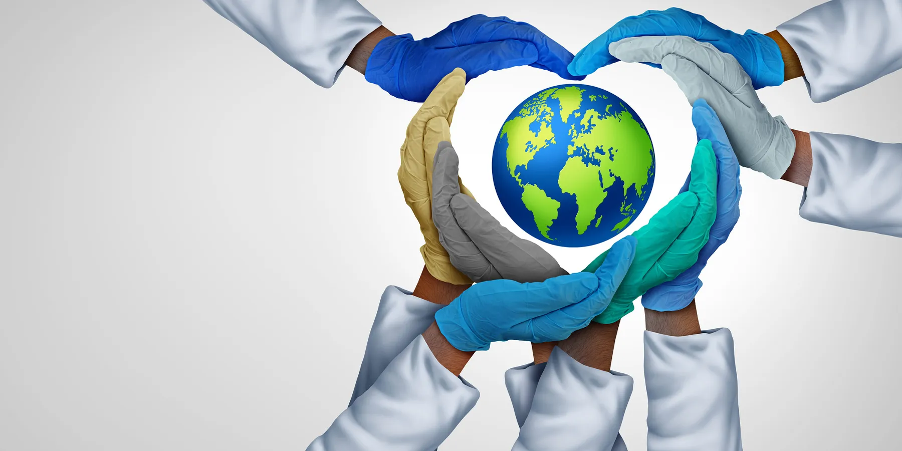 A 3D illustration of a group of hands in different colored gloves forming a heart shape around an image of the world map/Earth.