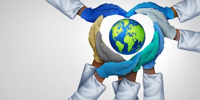 A 3D illustration of a group of hands in different colored gloves forming a heart shape around an image of the world map/Earth.
