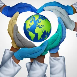 A 3D illustration of a group of hands in different colored gloves forming a heart shape around an image of the world map/Earth.