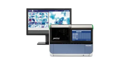 The new Genius system next to a computer screen showing cell images on a white background
