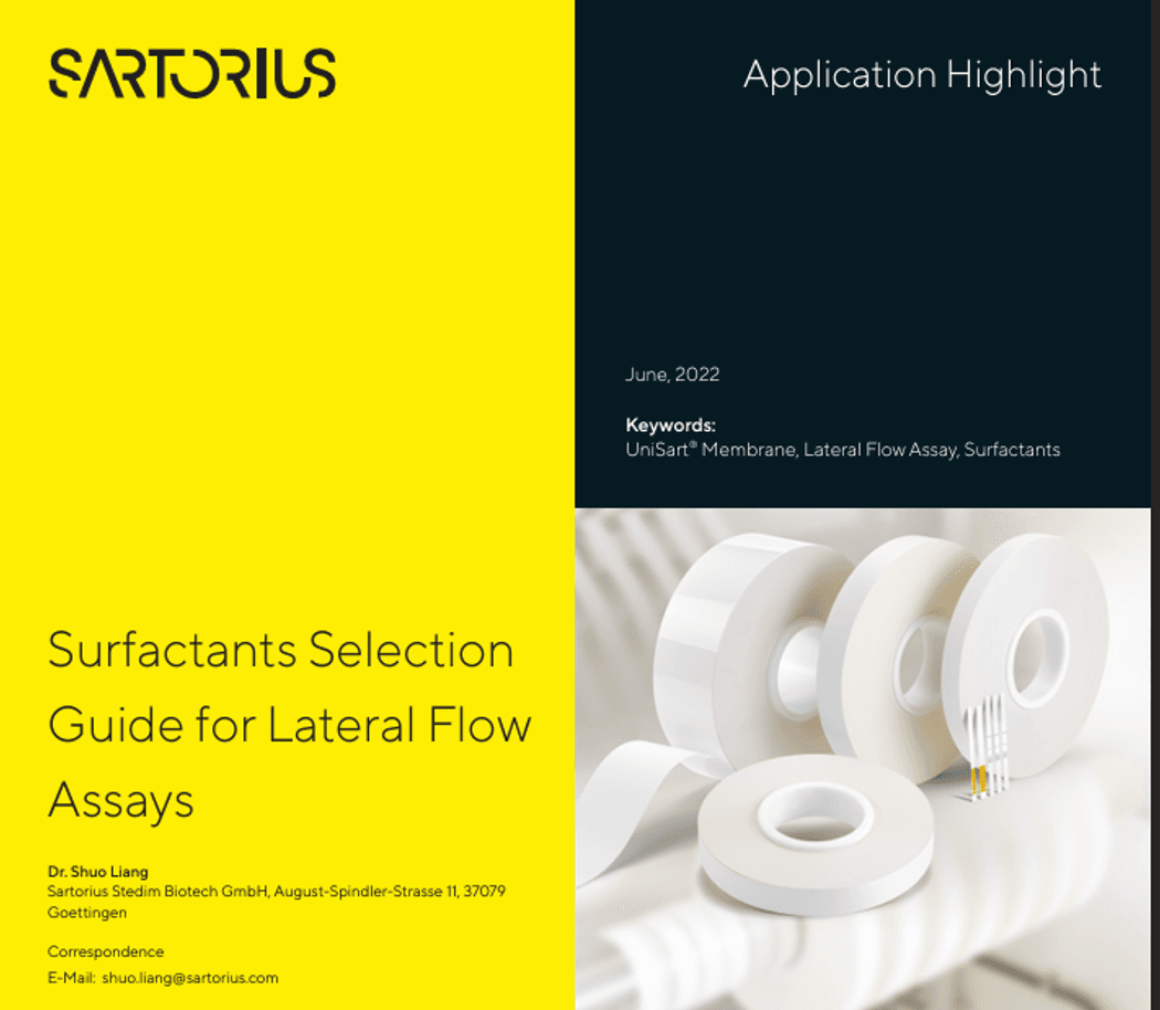 Sartorius black and yellow application highlight title page with white rolls of lab tape shown in bottom right. Sartorius black and yellow application highlight title page with white rolls of lab tape shown in bottom right.