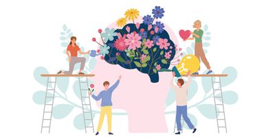 Illustration of people tending to a giant brain full of flowers.