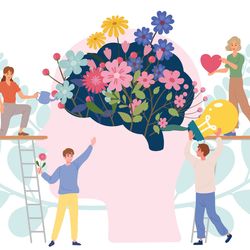 Illustration of people tending to a giant brain full of flowers.