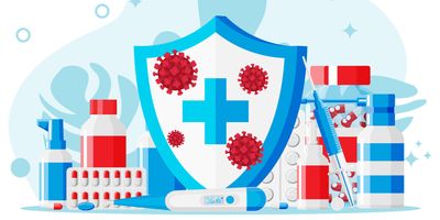 A vector illustration of a set of bottles, tablets, pills, capsules, and sprays for illness with a shield blocking the pathogens in the background.