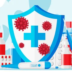 A vector illustration of a set of bottles, tablets, pills, capsules, and sprays for illness with a shield blocking the pathogens in the background.