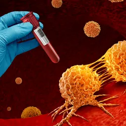 A gloved hand holds a blood vacutainer against a background of cancer cells dividing.