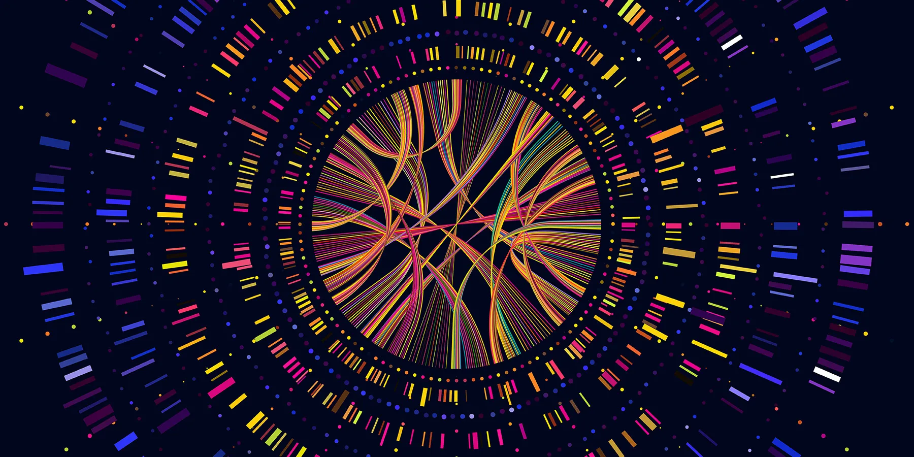 A graphical visualization of DNA bands and sequencing data arranged in concentric circles that form a network at the center.