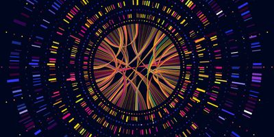 A graphical visualization of DNA bands and sequencing data arranged in concentric circles that form a network at the center.