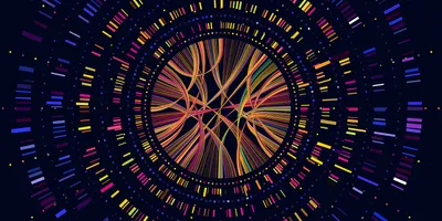 A graphical visualization of DNA bands and sequencing data arranged in concentric circles that form a network at the center.