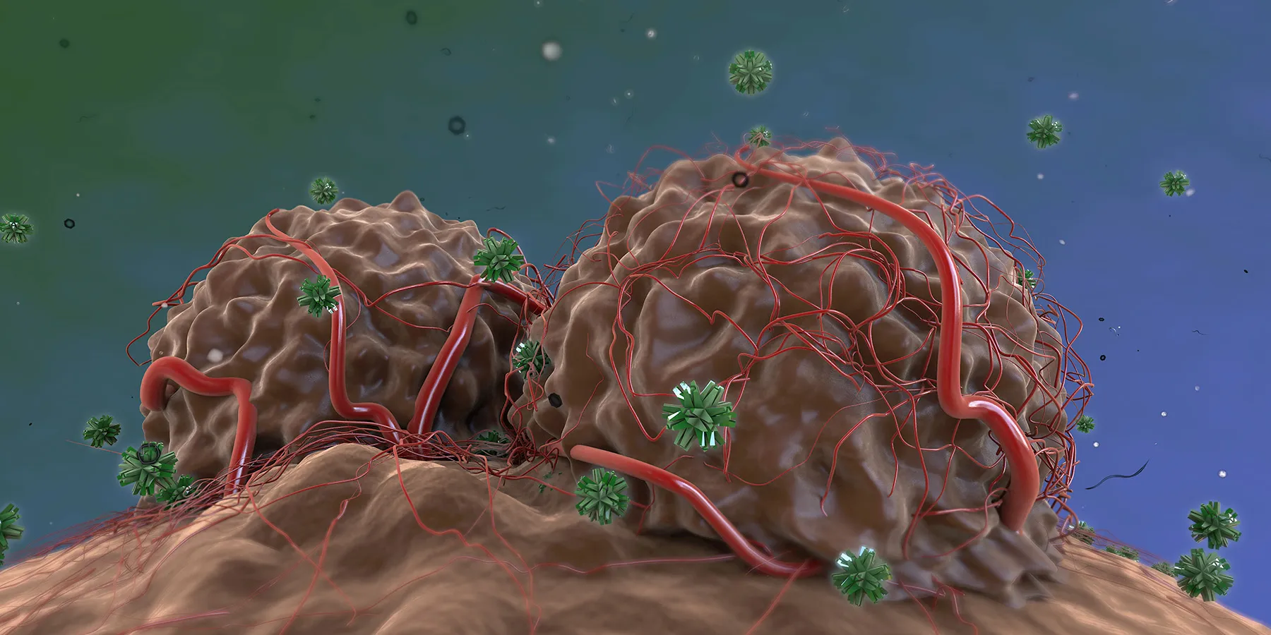 3D illustration of monoclonal antibodies attacking tumor cells with high vascularization.