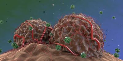 3D illustration of monoclonal antibodies attacking tumor cells with high vascularization.