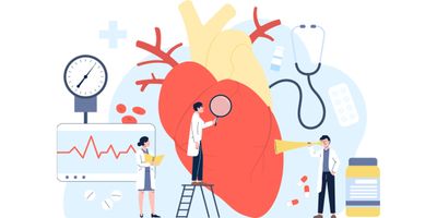A vector illustration of clinicians examining a human heart with graphics of an ECG, drugs, capsules, and a stethoscope in the background.