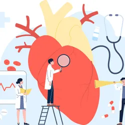A vector illustration of clinicians examining a human heart with graphics of an ECG, drugs, capsules, and a stethoscope in the background.