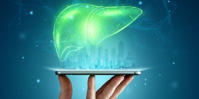 A graphical representation of a hand holding a smart device and a human liver icon floating on it.