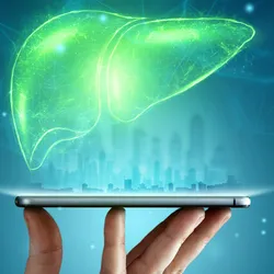 A graphical representation of a hand holding a smart device and a human liver icon floating on it.