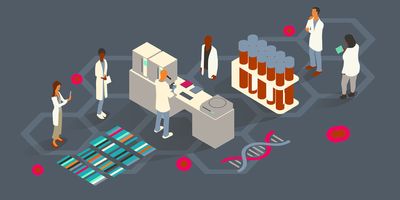 A flat vector illustration of researchers, wearing lab coats, conducting genetic research and sequencing, and surround a table with laboratory equipment, including a microscope and centrifuges, blood sample tubes, cells, a DNA icon, and colored bars representing sequenced DNA bands.