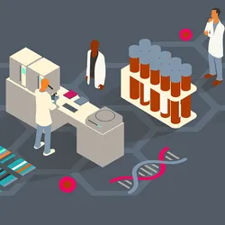 A flat vector illustration of researchers, wearing lab coats, conducting genetic research and sequencing, and surround a table with laboratory equipment, including a microscope and centrifuges, blood sample tubes, cells, a DNA icon, and colored bars representing sequenced DNA bands.