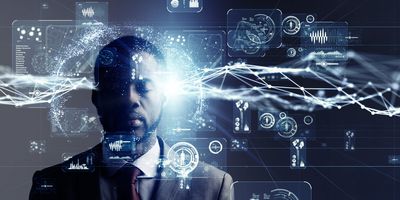 Graphical vectors of medicine, health, automation, graphs, and bar charts float against a background of a man in a suit and tie with his eyes closed.