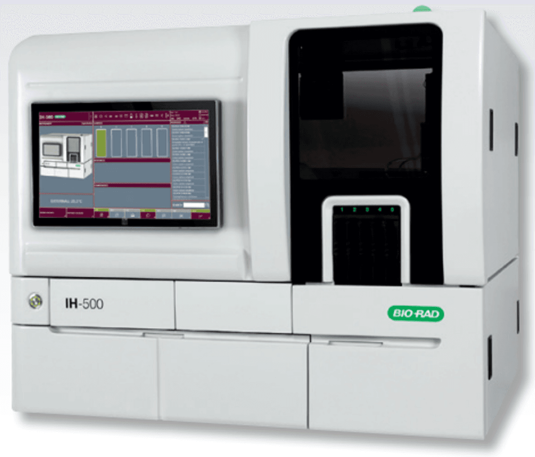Image of an automated antibody titration instrument labeled IH-500 Image of an automated antibody titration instrument labeled IH-500
