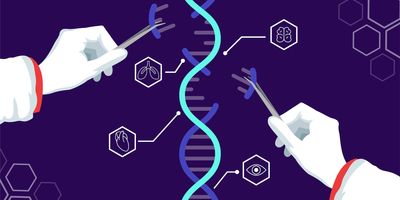 A vector illustration of a pair of hands using forceps to add and remove bits of DNA from a large DNA double helix, with icons of lungs, heart, eye, and brain in the background.