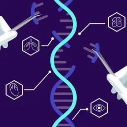 A vector illustration of a pair of hands using forceps to add and remove bits of DNA from a large DNA double helix, with icons of lungs, heart, eye, and brain in the background.