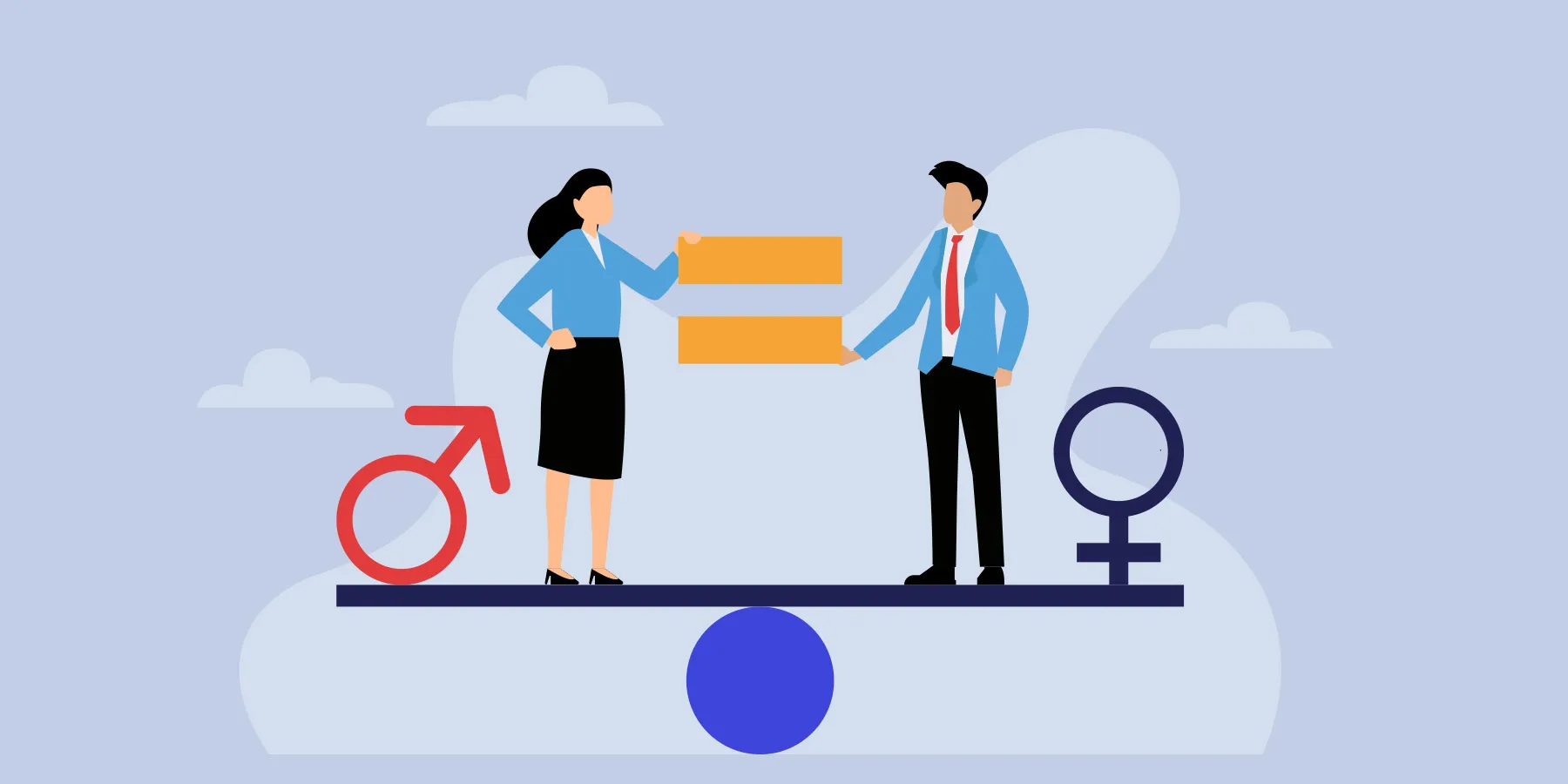 A vector illustration of a woman and man holding the equal sign standing on a balanced see-saw with the female and male symbols on their respective sides.