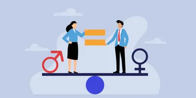 A vector illustration of a woman and man holding the equal sign standing on a balanced see-saw with the female and male symbols on their respective sides.