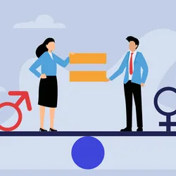 A vector illustration of a woman and man holding the equal sign standing on a balanced see-saw with the female and male symbols on their respective sides.
