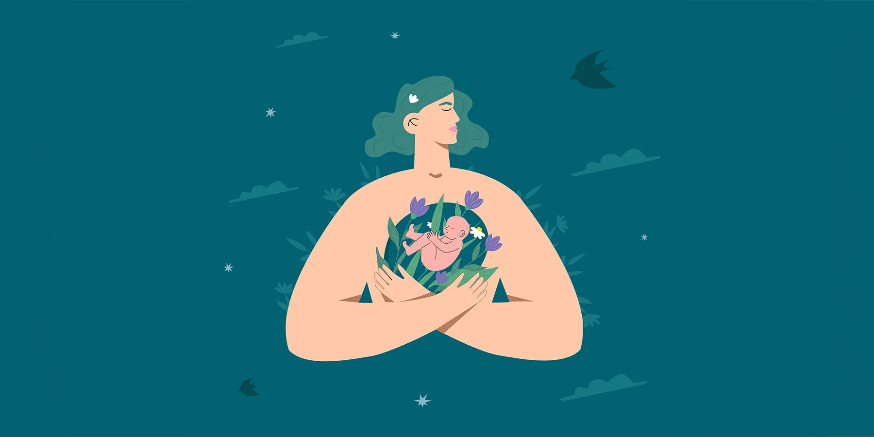 Vector illustration of a female figure holding a newborn in her hands against a background with birds, clouds, and nature.