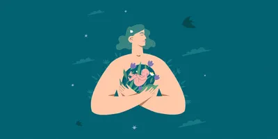 Vector illustration of a female figure holding a newborn in her hands against a background with birds, clouds, and nature.