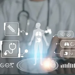 A graphical illustration of a clinician pointing to a vector of a human body, vaccine, stethoscope, brain, lungs, kidneys, and heart.