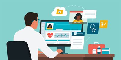 Vector illustration of an online medical health professional accessing health information on a computer.
