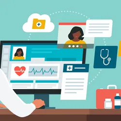 Vector illustration of an online medical health professional accessing health information on a computer.