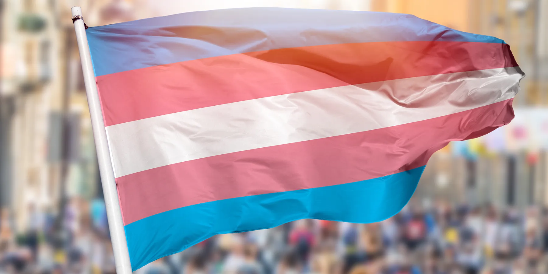 Photo of the transgender flag blowing in the wind in front of a peaceful demonstration for LGBTQ+ rights.