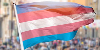 Photo of the transgender flag blowing in the wind in front of a peaceful demonstration for LGBTQ+ rights.