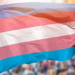 Photo of the transgender flag blowing in the wind in front of a peaceful demonstration for LGBTQ+ rights.