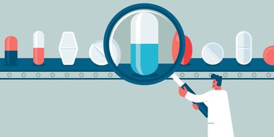 A vector illustration of a male researcher holding a magnifying lens at a capsule as drugs of various sizes and shapes are lined up on a belt on either side.