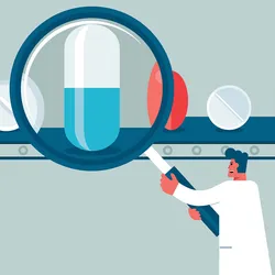 A vector illustration of a male researcher holding a magnifying lens at a capsule as drugs of various sizes and shapes are lined up on a belt on either side.