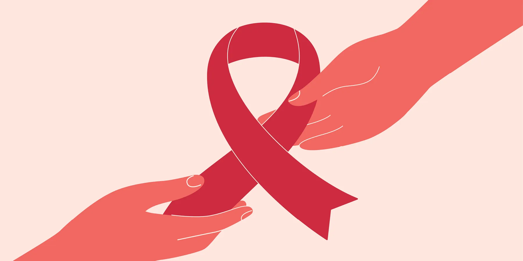 A vector illustration of one hand passing a red ribbon to another as a symbol of AIDS awareness.