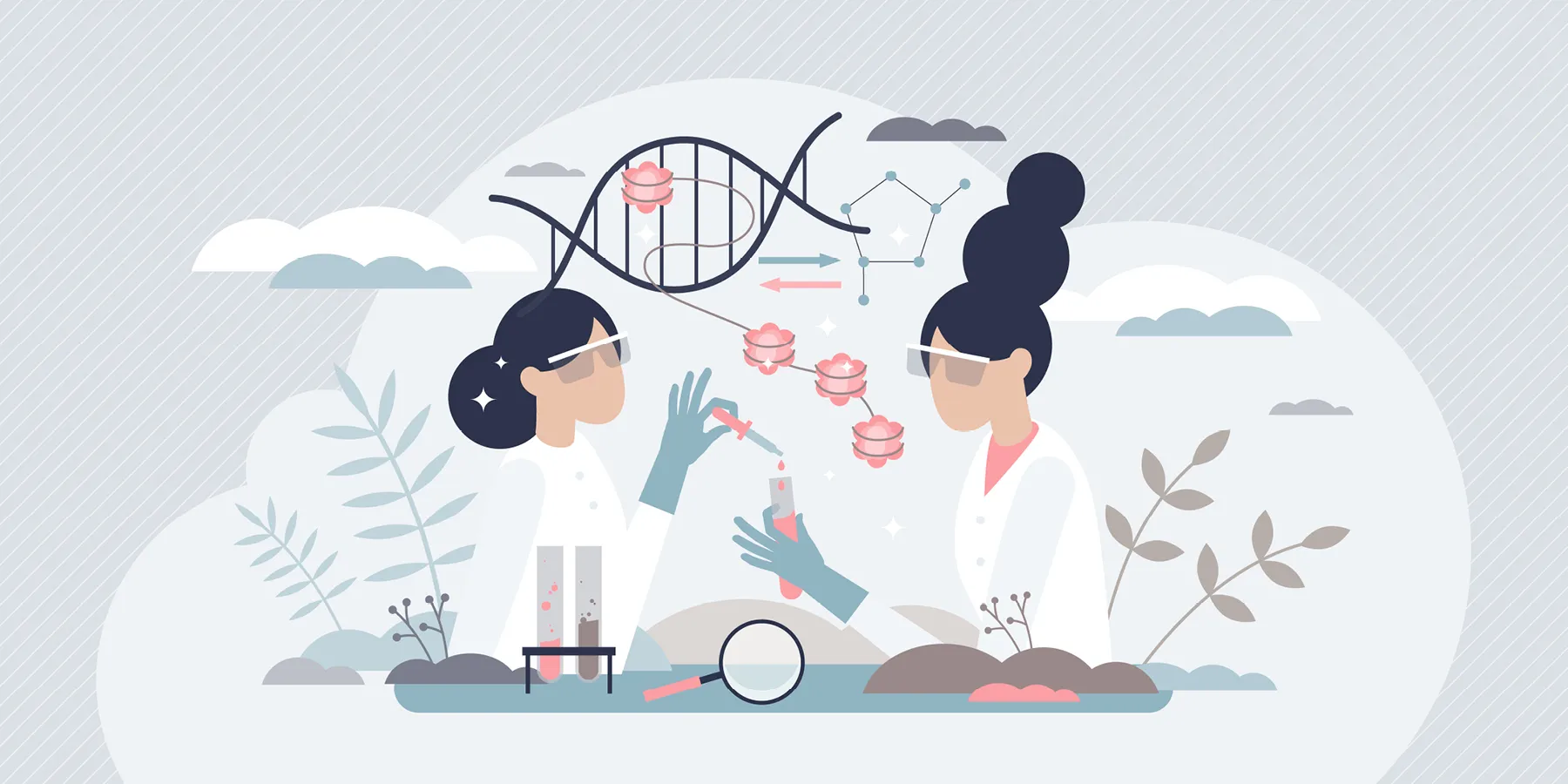 A graphic illustration of two female researchers in PPE working in a lab with vectors of DNA structure and its packaging in the background.